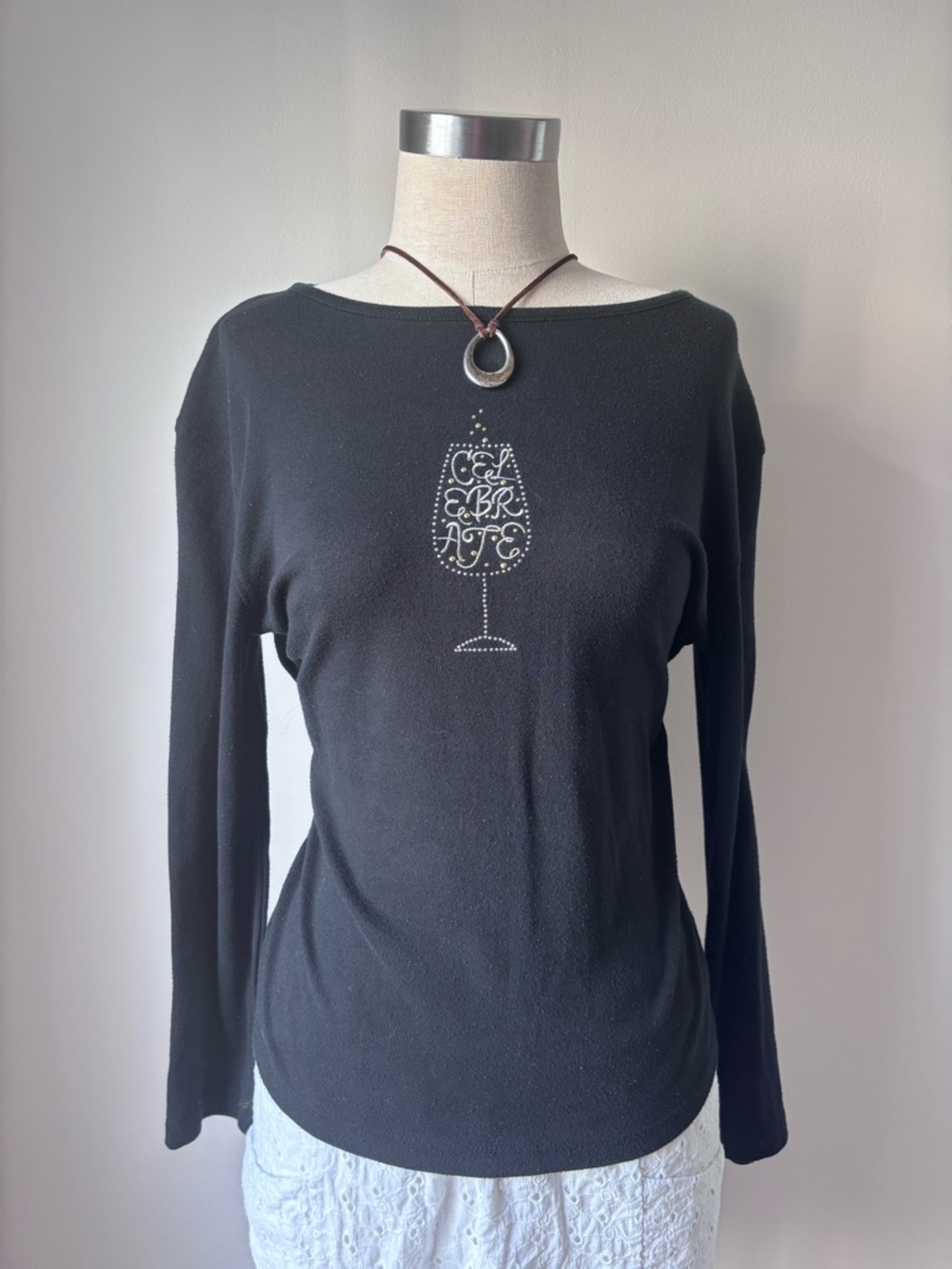 Black Women's Long-Sleeve Rhinestone Wine Glass Graphic Top